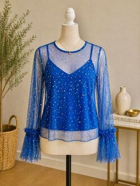 Sace Sheer Embellished V-Neck Bell-Sleeve Blouse in Royal Blue Size Small